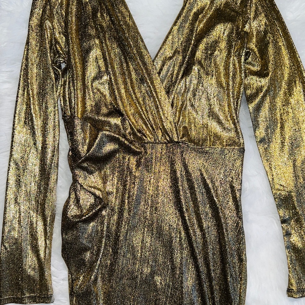 Gold Long Sleeve Plunge Dress x Fashion Nova